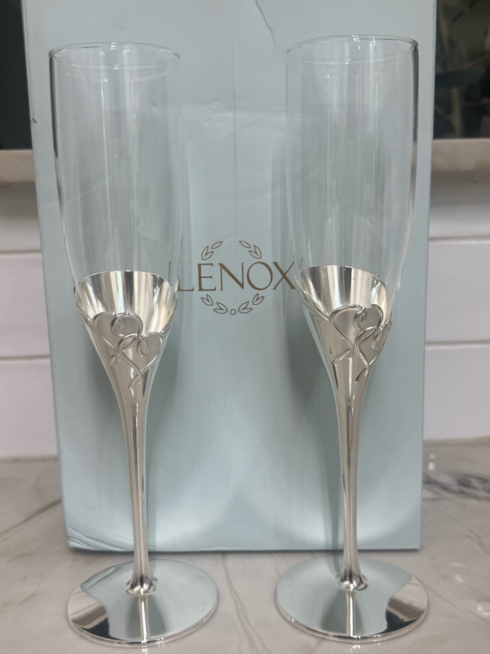 Lenox True Live Flute pair Silver Plate Heart Stem Champagne Flutes - Pair new